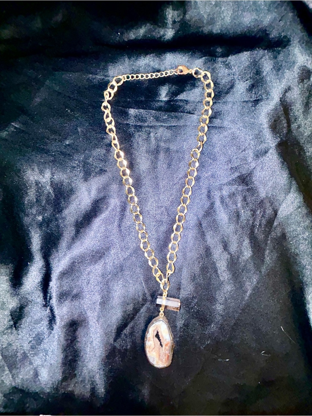 Gold Chain Necklace with Druzy Agate and Smoky Quartz Pendant
